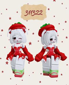 two dolls are dressed in red and green outfits, one is holding a gift box