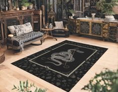 a living room filled with lots of furniture and plants on top of wooden flooring