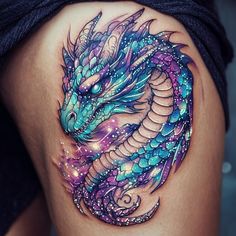 a woman's thigh with a colorful dragon tattoo design on the thighs and leg