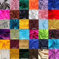 many different colors of satin fabric, all in various sizes and shapes with the names on them