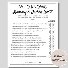 a printable mommy and daddy's best question card with the text who knows mommy & daddy best?