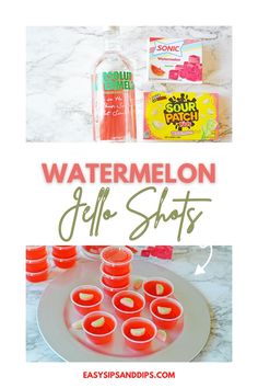 watermelon gelf shots on a plate with the text overlay that reads, watermelon gelf shots