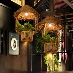 two hanging planters with plants in them