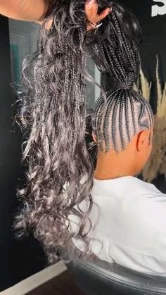 Cornrow Braid Updo Styles, Bohemian Feed In Braids Ponytail, Cornrow Updo With Curls, Braid In A Ponytail, Cornrows To Ponytail, Corn Row Braided Ponytail Hairstyles, Braided Boho Ponytail For Black Women, Stitch Braided Ponytail Hairstyles, High Ponytail Cornrows With Curls