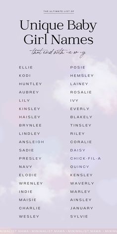 the unique baby girl names list is shown in black and white on a purple background