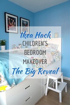 a bed room with a neatly made bed and pictures on the wall above it that says ikea hack children's bedroom makeover the big reveal