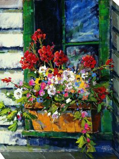 a painting of flowers in a window box