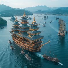 an aerial view of several ships in the water