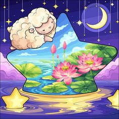 a sheep floating in the water with lily pads on it's back and stars above