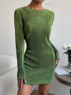 SHEIN EZwear Solid Boat Neck Fitted Dress | SHEIN USA Style Vert, Ribbed Knit Bodycon Dress, Bodycon Sweater, Bodycon Sweater Dress, Coffee Fashion, Dress Sweater, Long Sleeve Knit Dress, Body Con Dress, Winter Dress