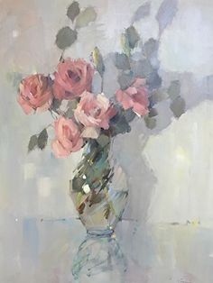 a painting of pink roses in a glass vase