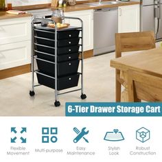 the 6 - tier drawer storage cart is shown in this kitchen scene with text overlay