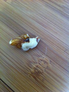 a piece of fruit sitting on top of a wooden table next to a banana peel