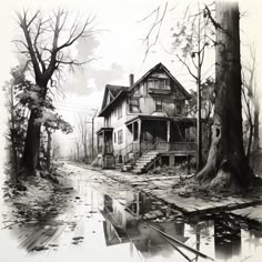 a black and white drawing of a house next to a tree with water on the ground