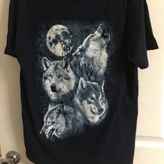 Silk Screen Over Tye Die T Shirt = Howling Wolves Navy Blue This Will Shrink In The Wash, Better To Wash And Shake If You Don't Want The Size To Change Graphic Tee With Wolf Design, Short Sleeve, Graphic Tee With Wolf Design Short Sleeve, Wolf Design Graphic Tee With Short Sleeves, Howling Wolves, Mountain Shirts, Work Photos, Navy Blue Tie, Wolf Shirt, Mountain Shirt