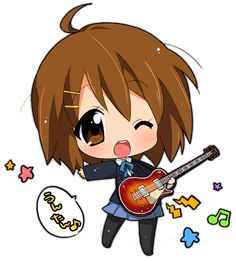 an anime character holding a guitar and making a funny face with her tongue out to the side