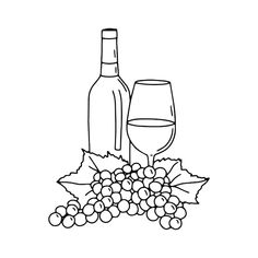 a wine bottle and glass with grapes on the table coloring page for adults, kids