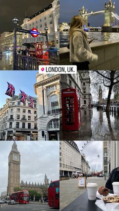 the collage shows people eating and drinking at different places in london, england with big ben in the background