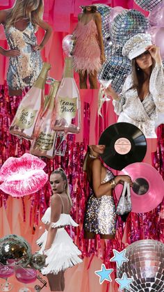 the collage shows different types of dresses and accessories in pink, silver and black