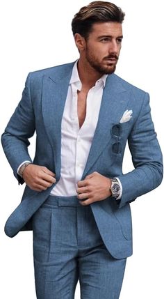 Wangyue Linen Suit for Men 2 Piece Suit Men Wedding Suit for Men Dusty Blue Suit Men Prom Suit for Boys Husband Father,XXS at Amazon Men’s Clothing store Mens Linen Suit, Smart Casual Blazer, Linen Suits For Men, Blazer Casual, Linen Men, Streetwear Jeans, Linen Suits, Traje Casual, Tuxedo Wedding