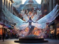 a statue of a woman with wings in the middle of a street