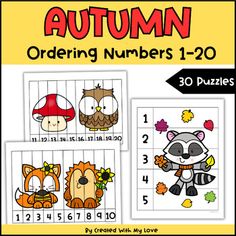 the autumn ordering numbers 1 - 20 with pictures of animals and leaves on them,