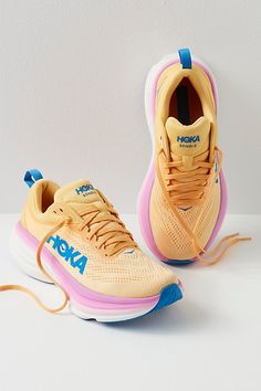 Ultra-cushioned and extra supportive, these Hoka Bondi 8 trainers feature a bumped up, lightweight sole and extended heel so you can run anywhere and everywhere. **Features:** Breathable mesh uppers, sockliner, lightweight foam midsoles, extended heel, pillowed tongue, pull-tab, durabrasion rubber outsole**Why We <3 It:** These super lightweight trainers are perfect for everyday running, walking, and overall foot support and comfort. Hoka Bondi 8, Shoe Inspo, Swag Shoes, Running Clothes, Pretty Shoes, Dream Shoes