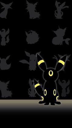 the silhouettes of various pokemon characters are shown in black and yellow, against a dark background