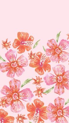 watercolor flowers on pink background with green leaves