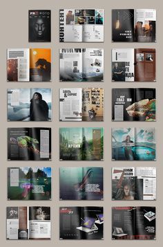 an assortment of magazine pages are shown in this image, with different colors and sizes