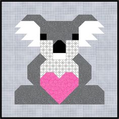 a koala bear holding a pink heart in its paws on a gray background with black and white border