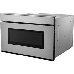 a stainless steel microwave oven with the door open on an isolated white background, front view