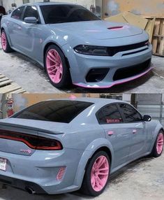 two pictures of a gray car with pink wheels and rims in the process of being painted