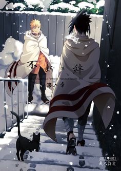 an anime scene with two people and a cat walking up the stairs in the snow