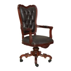 an old fashioned desk chair with leather upholstered back and arm rests on casteors