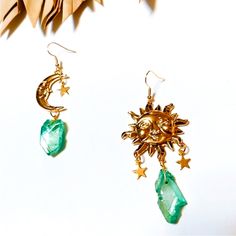 Nwot Gold & Green Crystal Bohemian Celestial Earrings. Brand New And Never Worn. From Anthropologie. Free People Earrings, Jewelry Formal, Celestial Earrings, Formal Jewelry, Zara Jewelry, Free People Jewelry, Moon And Sun, Western Earrings, Jewelry Summer