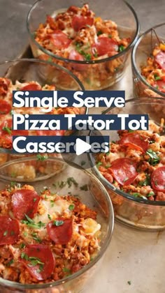 four glass bowls filled with different types of pizza