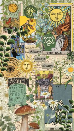 an altered collage with flowers, plants and pictures