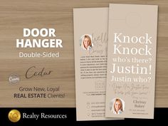 two door hangers with the words knock knock who's there? just in front of them