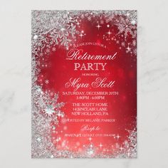 a red and silver glitter retirement party card with snowflakes on the bottom,