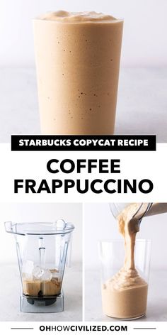 coffee frappuccino is being poured into a blender