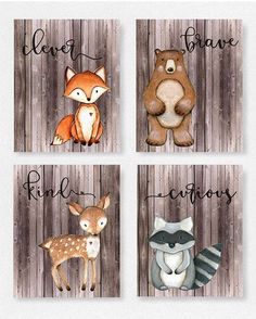 four different pictures of animals on wood with the words pinky brave, fox and raccoon