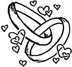 a drawing of two hearts and an intertwined ribbon with the word love on it