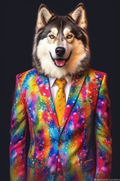 a dog wearing a colorful suit and tie with stars on it's chest, in front of a black background