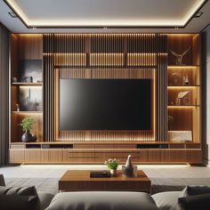 modern living room with wooden entertainment center and large screen tv mounted on the wall above it