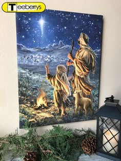 an image of jesus and his children walking through the night with a star above them