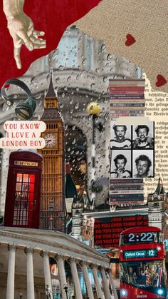 collage of london, big ben and red telephone booth with hand reaching for it