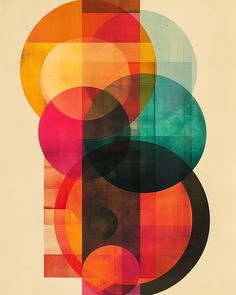 an abstract painting with different colored circles and shapes on it's sides, including one circle