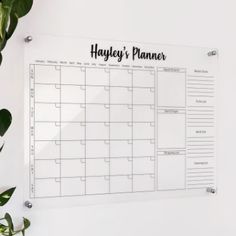 a planner hanging on the wall next to a potted plant