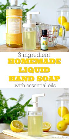 how to make homemade liquid hand soap with essential oils and lemons in the background